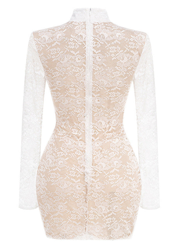 Yxalira Lace Jacquard Fishbone Bodycon Mini Dress In White
