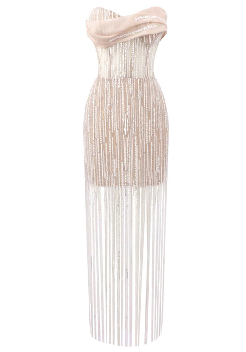 Dezba Strapless Sequin Tassel Maxi Dress In Nude