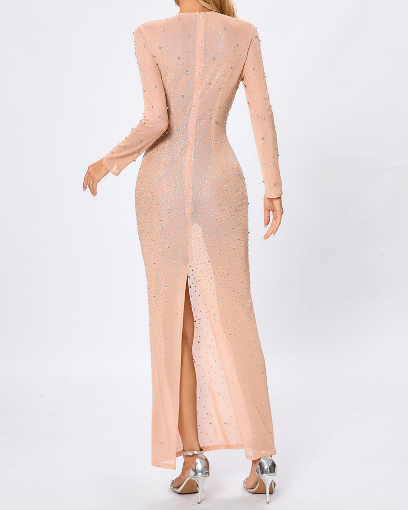 Hilaria Long Sleeve Crystal Mesh Maxi Dress In Nude