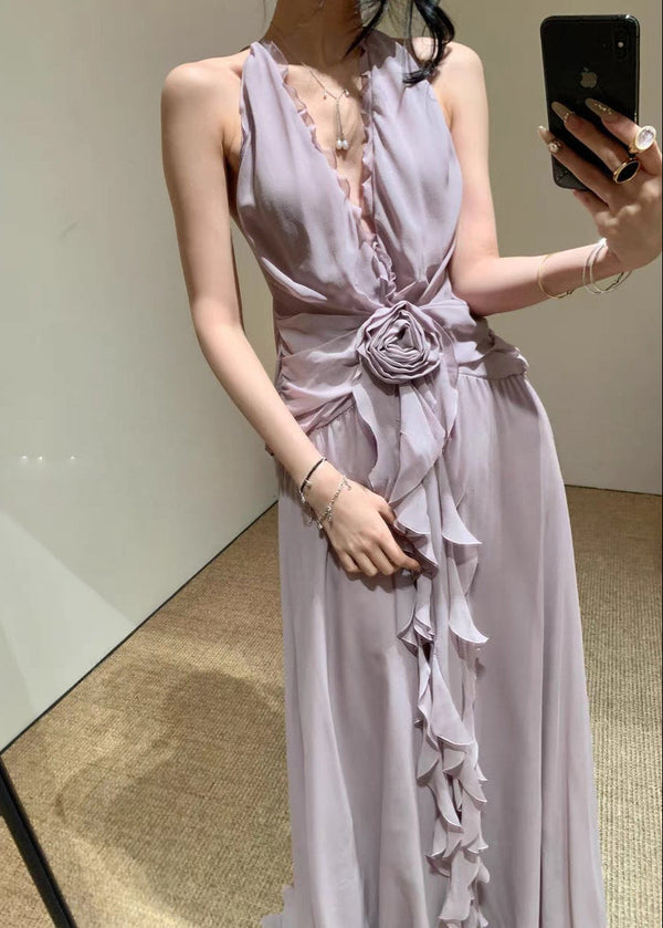 Cyvrix Floral Ruffle Halter Maxi Dress In Purple