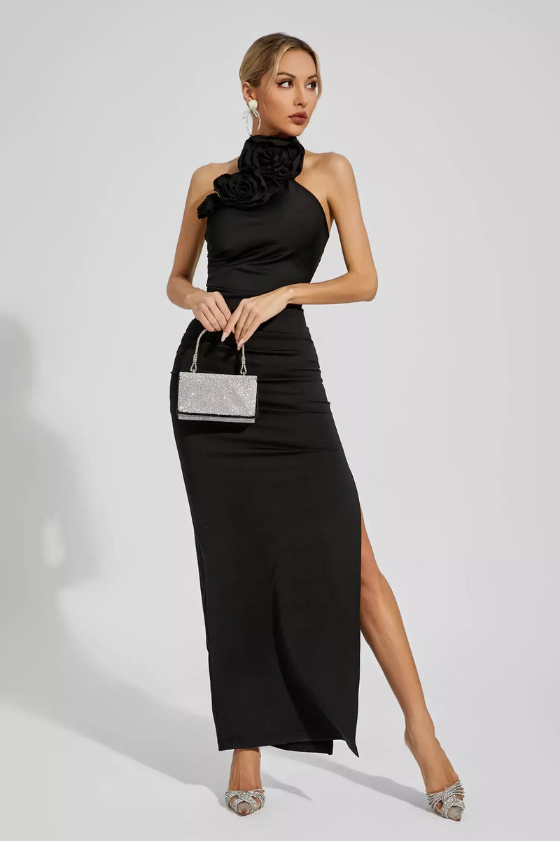 Dalary Black Floral Ruched Halter Maxi Dress
