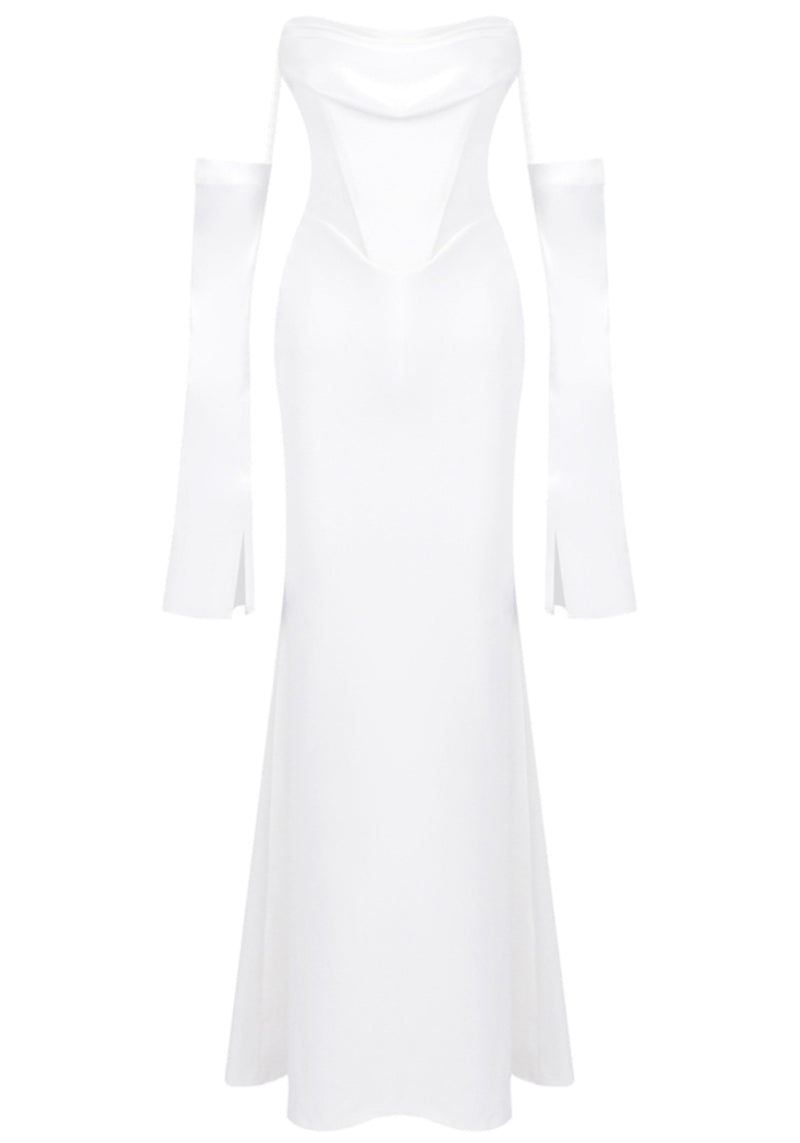 Radka Long Sleeve Strapless Draped Maxi Dress In White