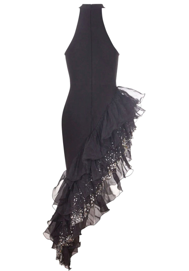 Haelin Sequin Ruffle Maxi Dress In Black
