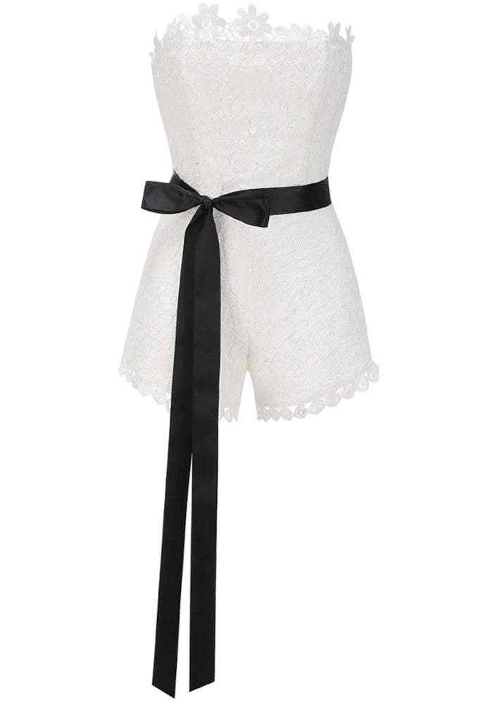 Leyati Strapless Floral Crochet Romper In White