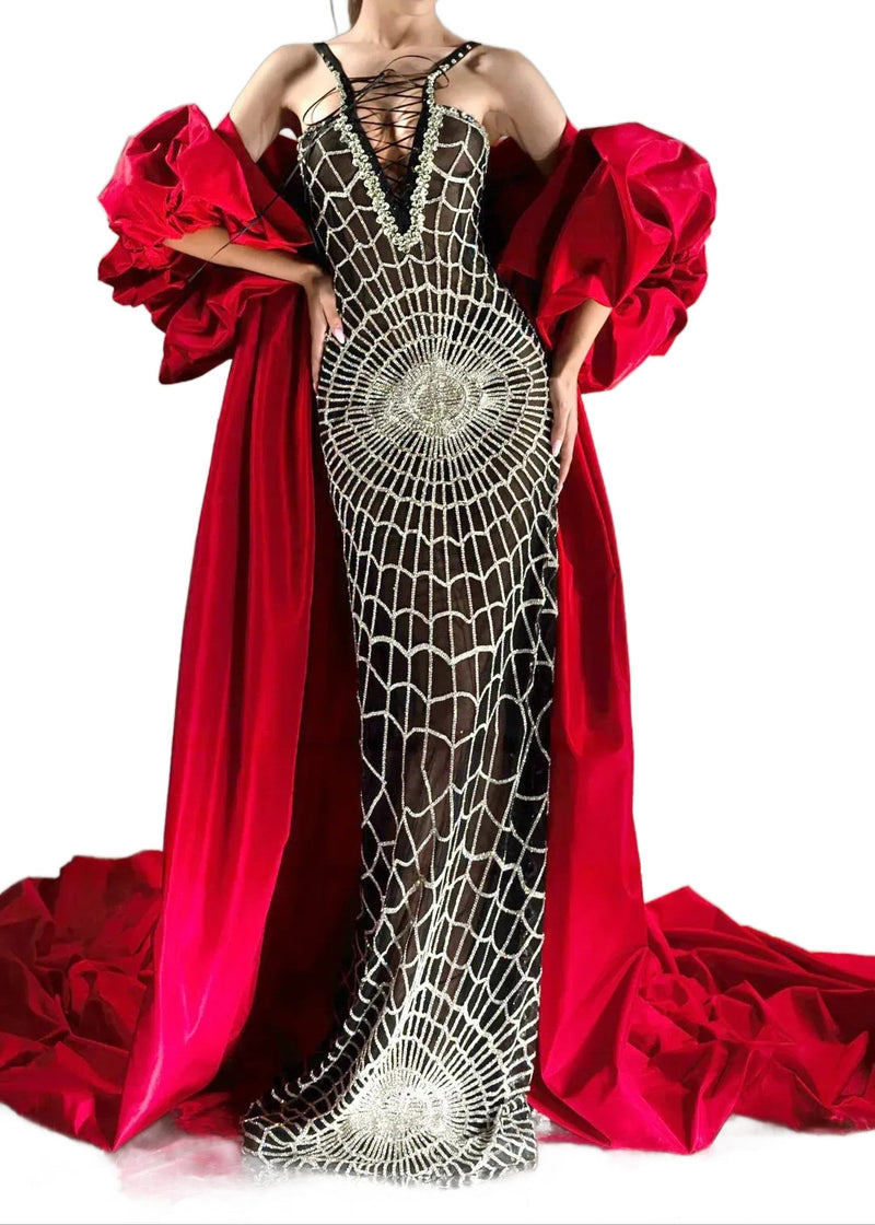 Coralyn Lace Up Sequin Maxi Dress In Black Silver