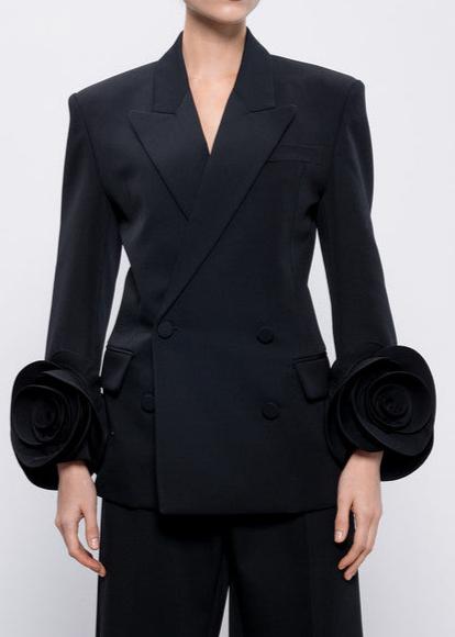 Pomeline Double-Breasted Wool Jacket With Floral Appliqué In Black