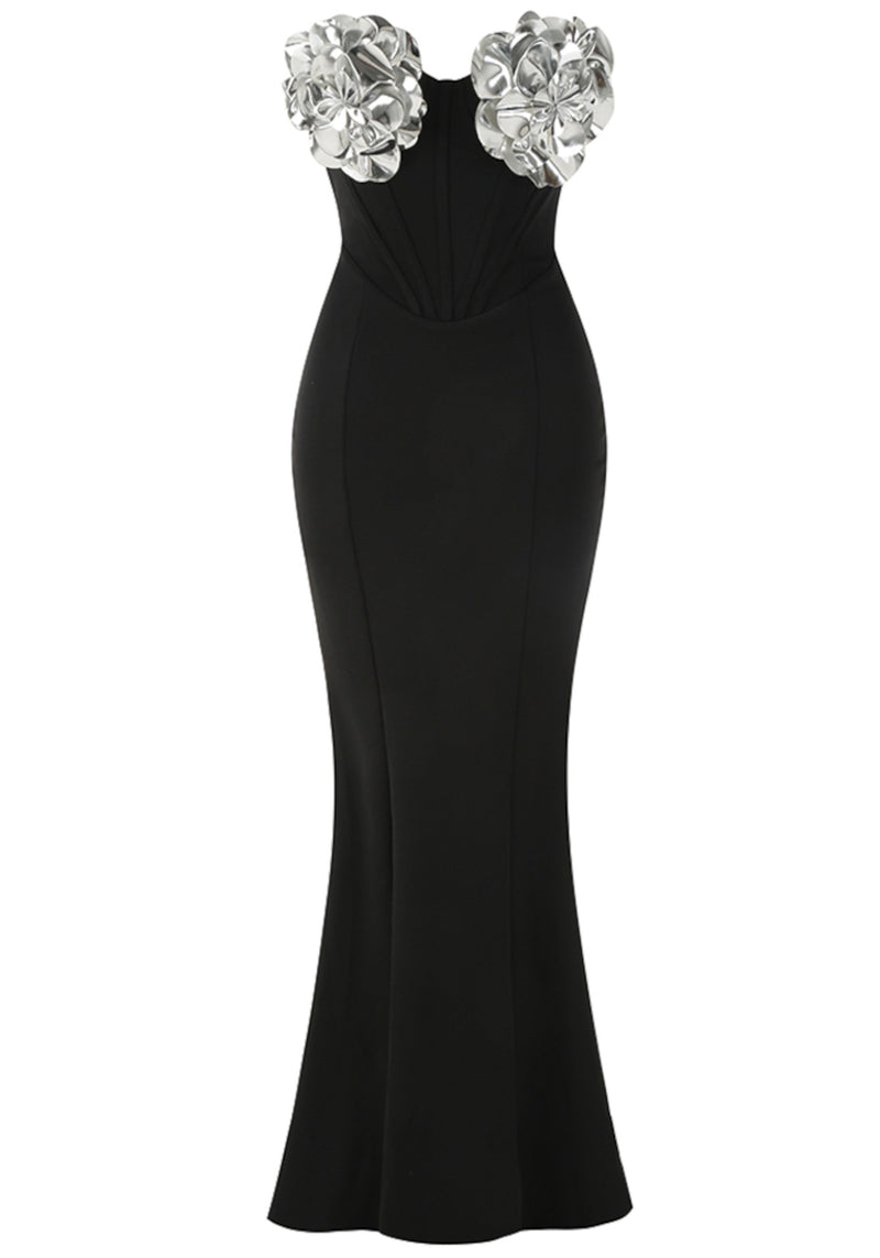Silvior Strapless Floral Bustier Maxi Dress In Black Silver