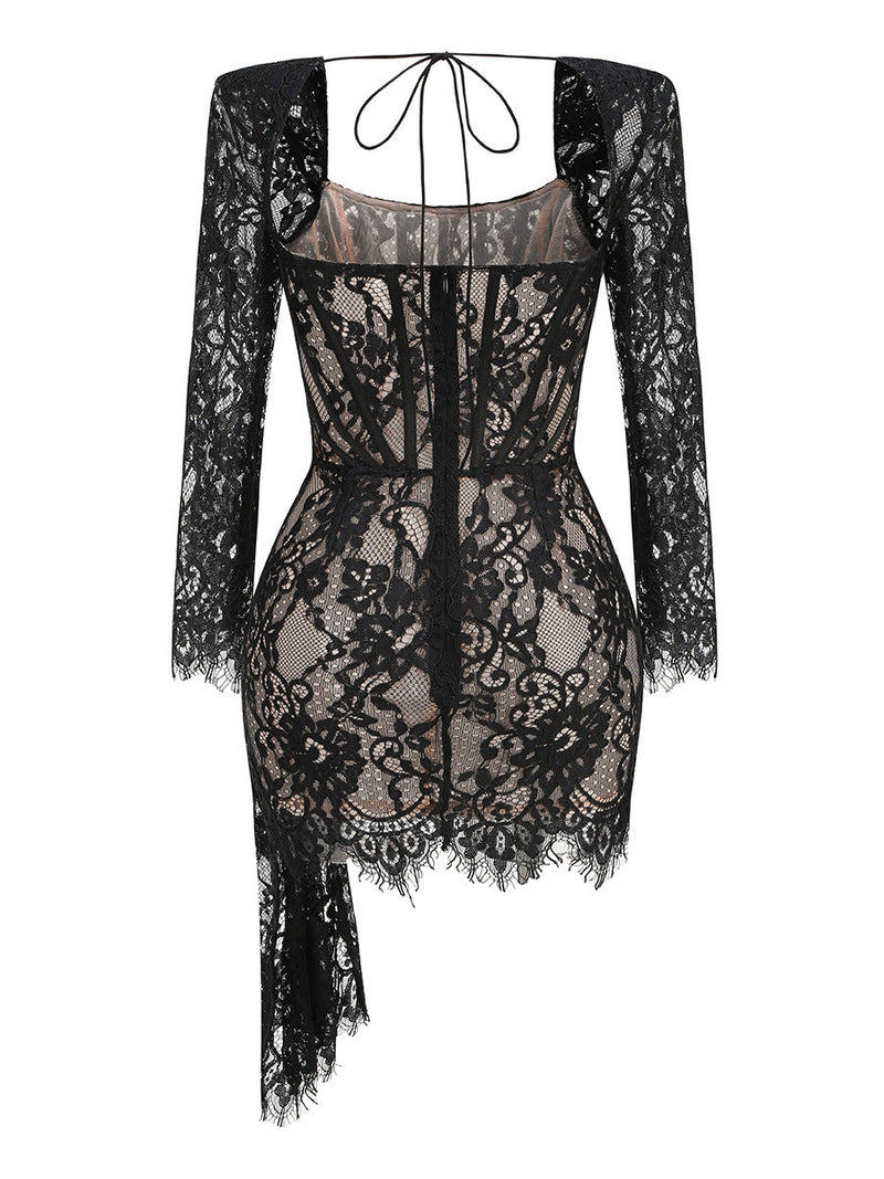 Roshon Long Sleeve Lace Corset Draped Mini Dress In Black