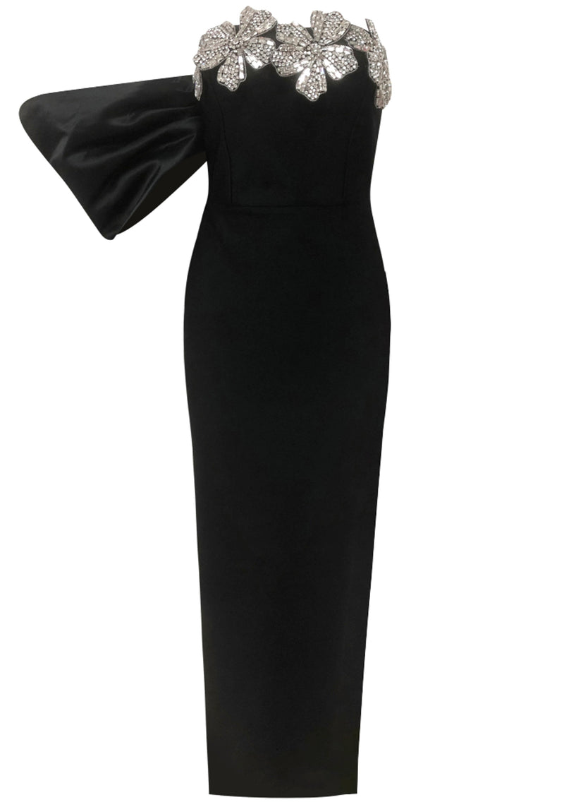 Khalifa Bardot Crystal Flower Maxi Dress In Black