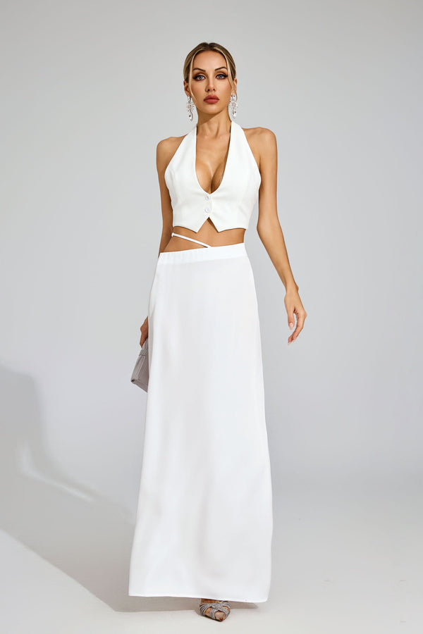 Susie Silk Crop Top Maxi Skirts 2 Pieces Sets In White
