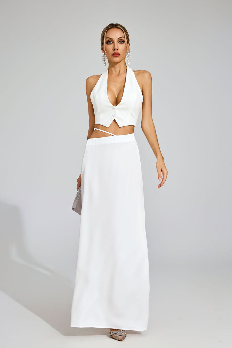 Susie Silk Crop Top Maxi Skirts 2 Pieces Sets In White