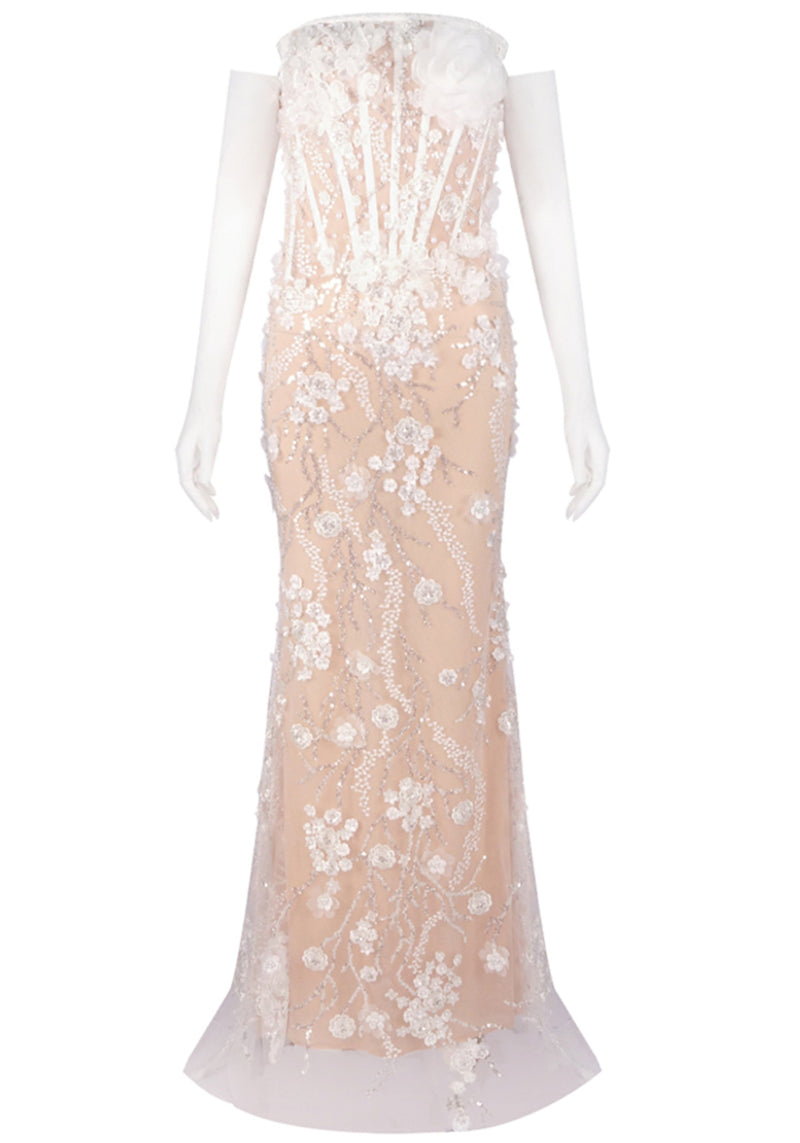 Reviancy Strapless Floral Lace Sequin Maxi Dress In White
