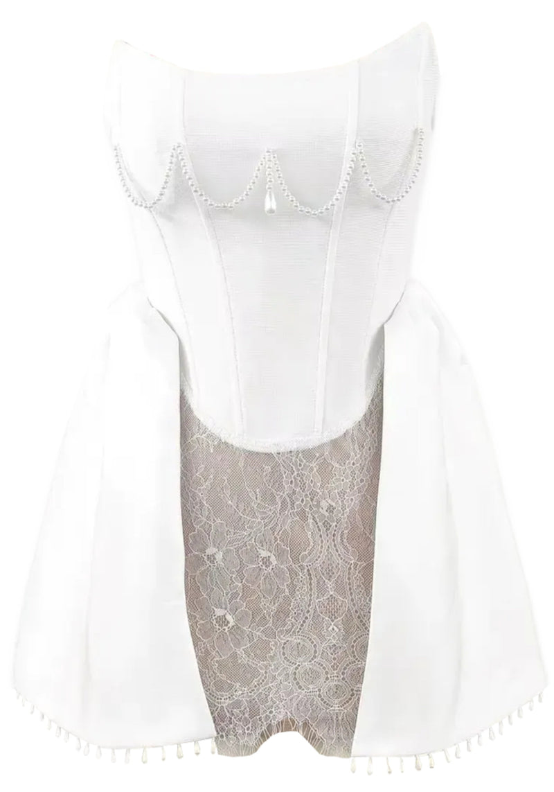 Afzal Strapless Pearl Lace A Line Mini Dress In White