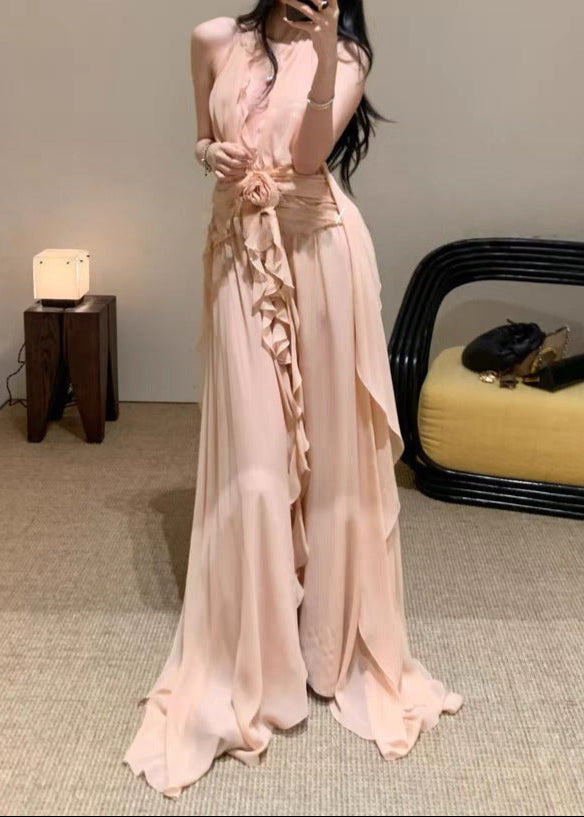 Cyvrix Floral Ruffle Halter Maxi Dress In Pink