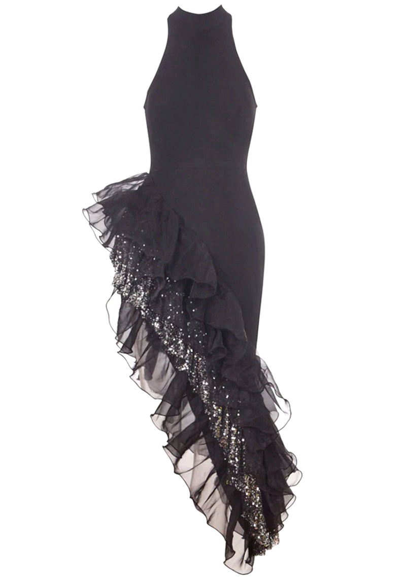 Haelin Sequin Ruffle Maxi Dress In Black