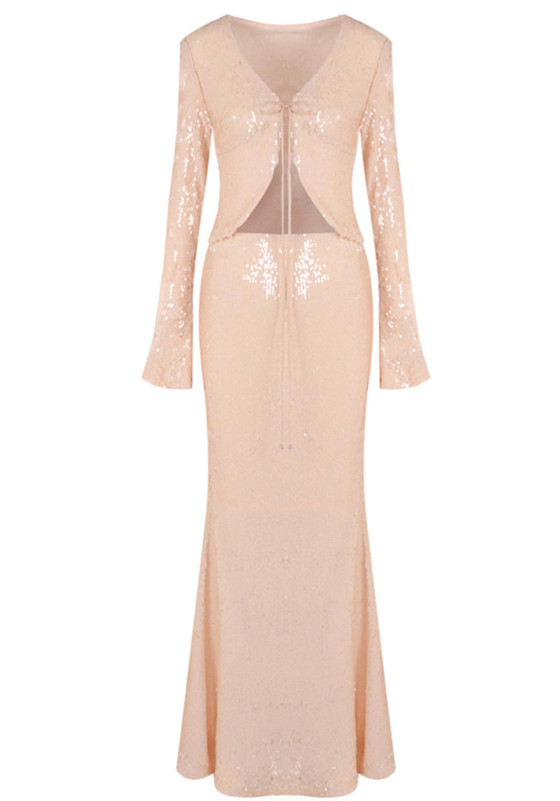 Damla Long Sleeve Sequin Two Piece Maxi Dress In Ivory