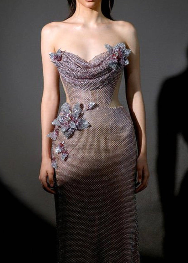 Nazra Strapless Floral Sparkly Maxi Dress In Pink