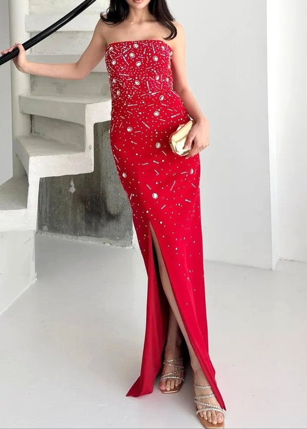 Razrik Strapless Crystal Embellished Maxi Dress In Red
