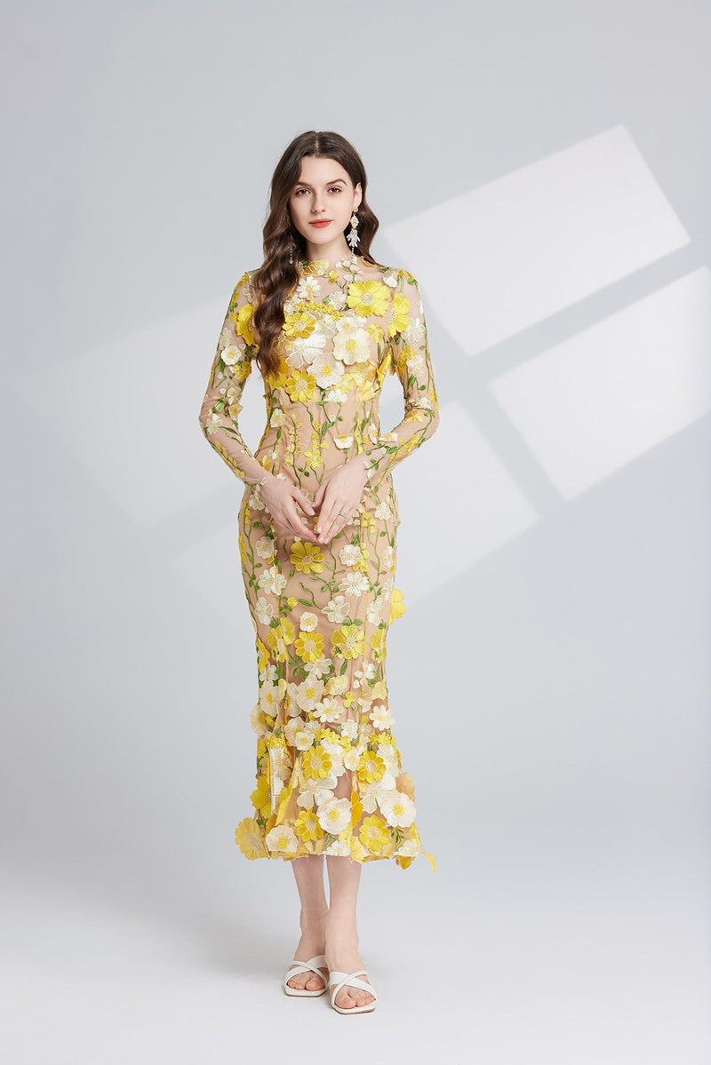 Thalvix Floral Embroidery Mesh Long Sleeve Midi Dress In Yellow
