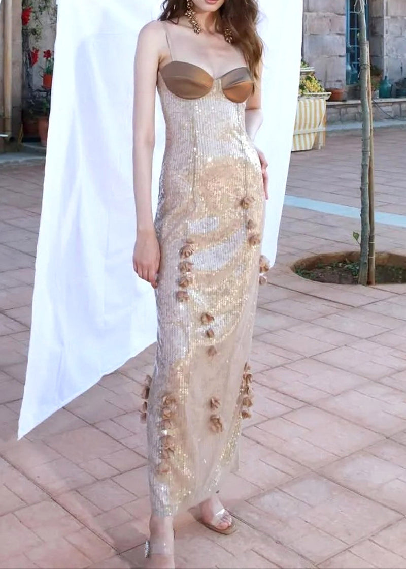 Aitland Leaf Detail Bustier Sequin Lace Maxi Dress In Brown Nude