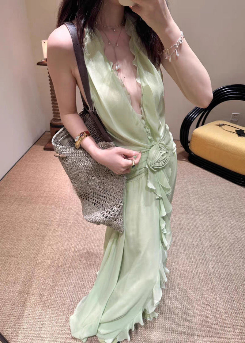 Cyvrix Floral Ruffle Halter Maxi Dress In Green