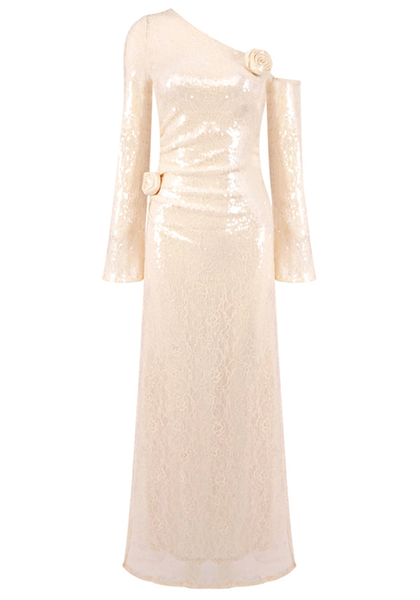 Shiva Long Sleeve Floral Sequin Maxi Dress In Nude