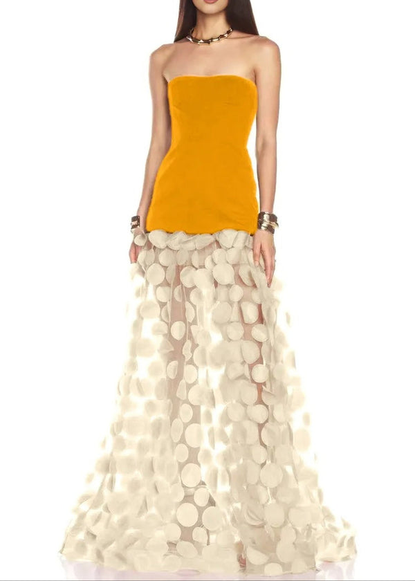 Benicio Strapless A Line Maxi Dress In Mustard Ivory