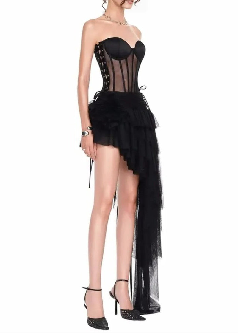 Olthrion Strapless Corset Ruffle Two Piece Dress In Black