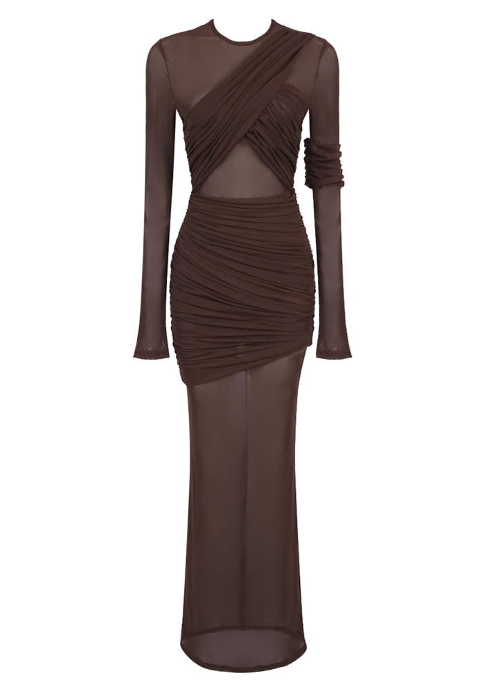 Ramesh Long Sleeve Mesh Insert Draped Maxi Dress In Brown