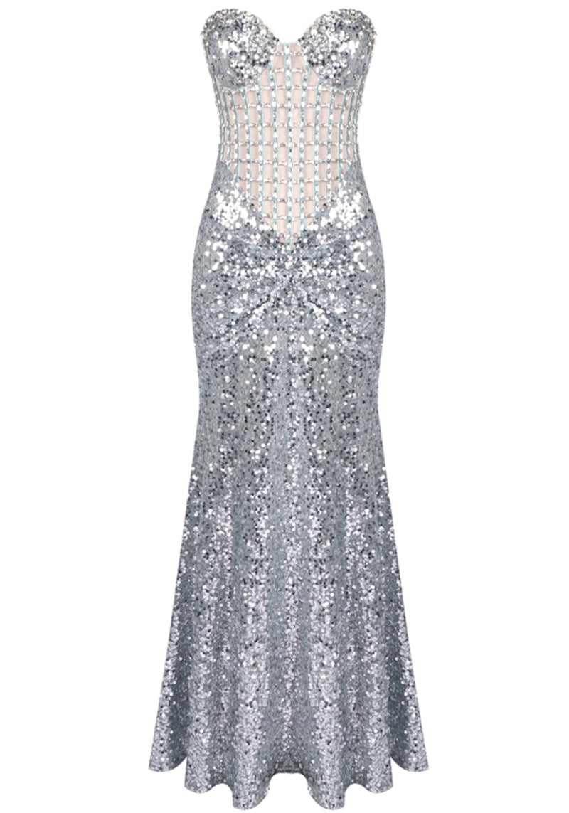 Daiki Strapless Crystal Corset Maxi Dress In Silver