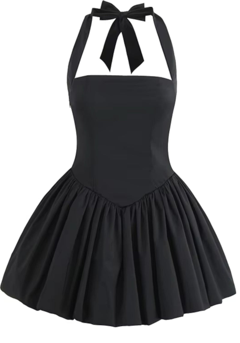 Thalorin Halter Corset Puff Dress In Black