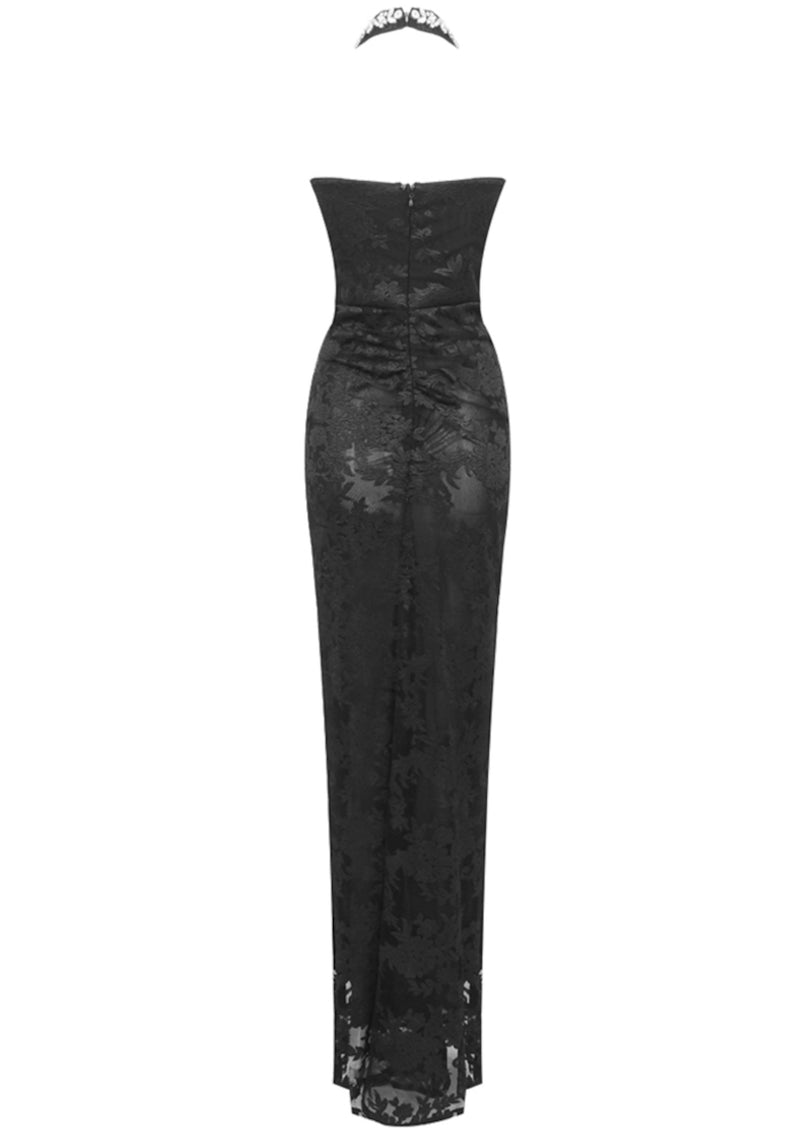 Arlen Halter Crystal Bustier Lace Maxi Dress In Black