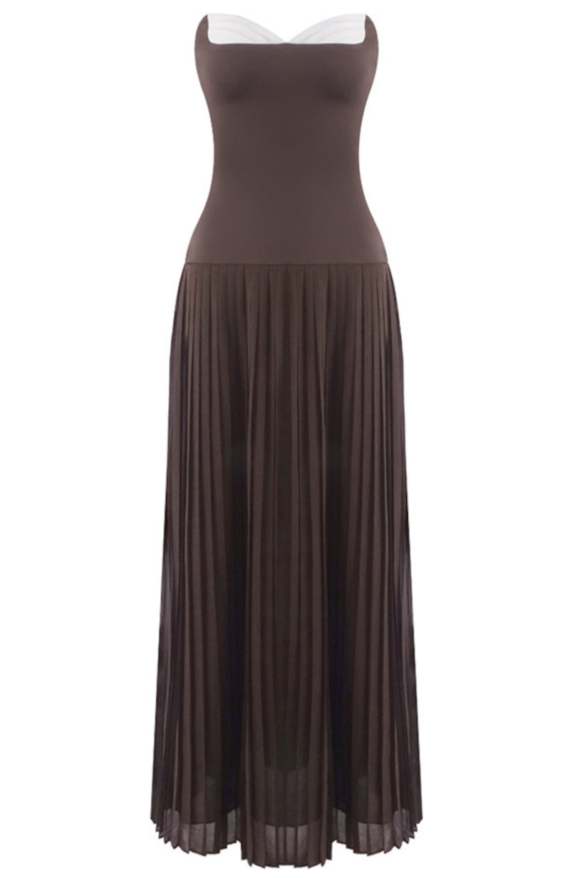 Kazra Strapless Pleated A Line Maxi Dress In Brown