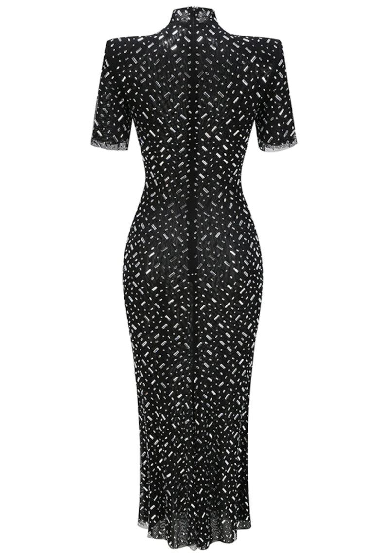 Maelthas Short Sleeve Crystal Mesh Maxi Dress In Black