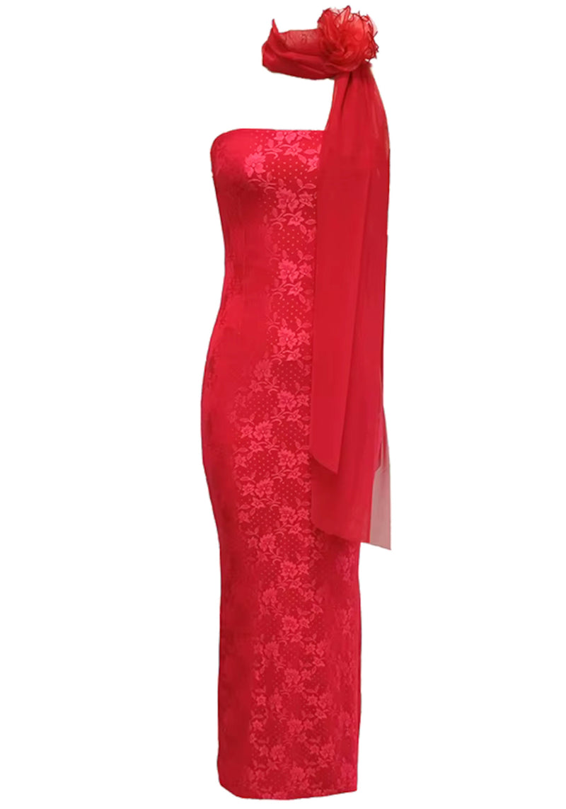 Avalira Strapless Floral Maxi Dress In Red