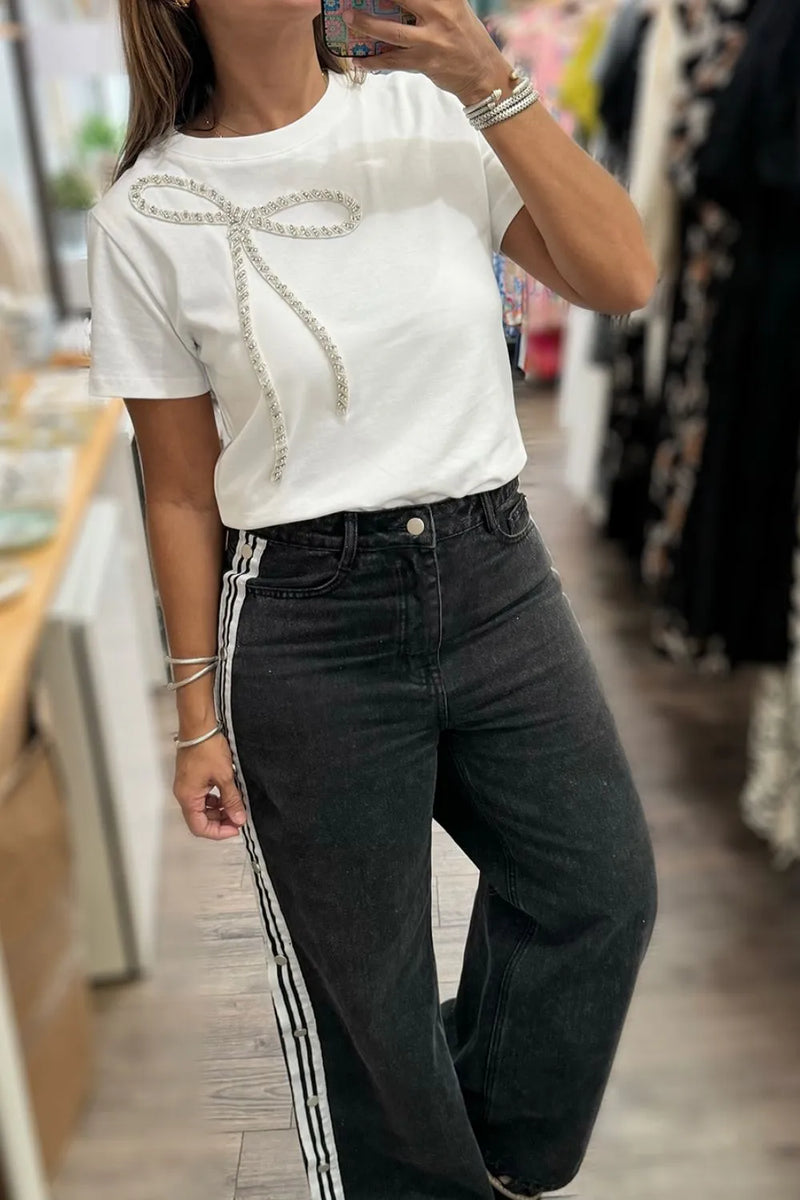 Rhinestone Bow Round Neck Short Sleeve T-Shirt