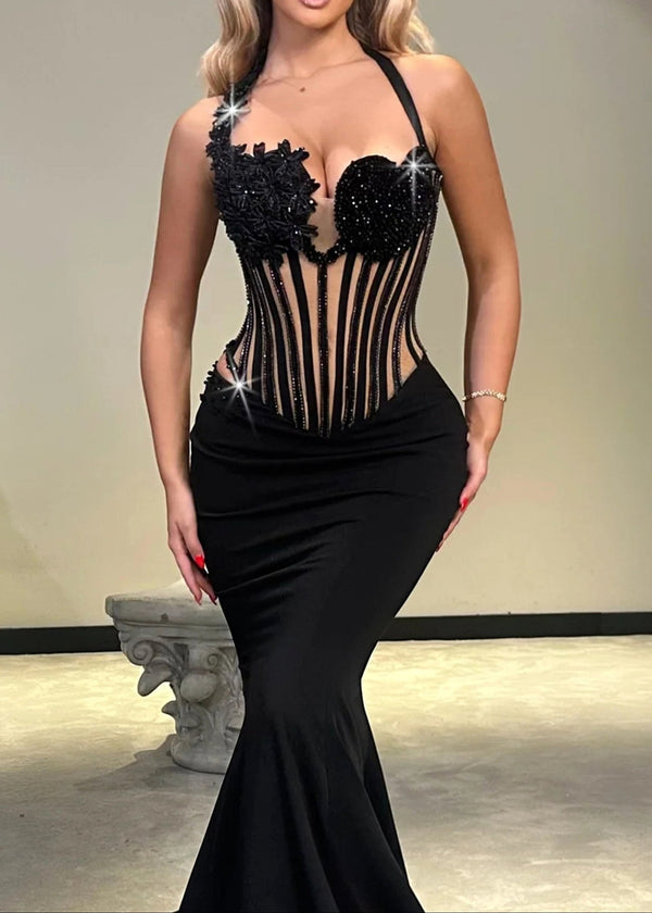 Afanen Sequin Floral Corset Maxi Velvet Dress In Black