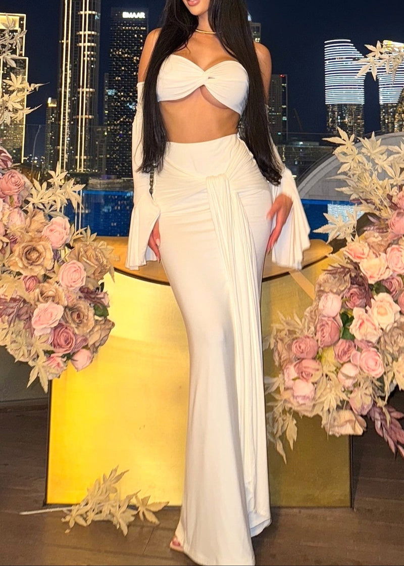 Akifumi Long Sleeve Bardot Two Piece Maxi Dress In White