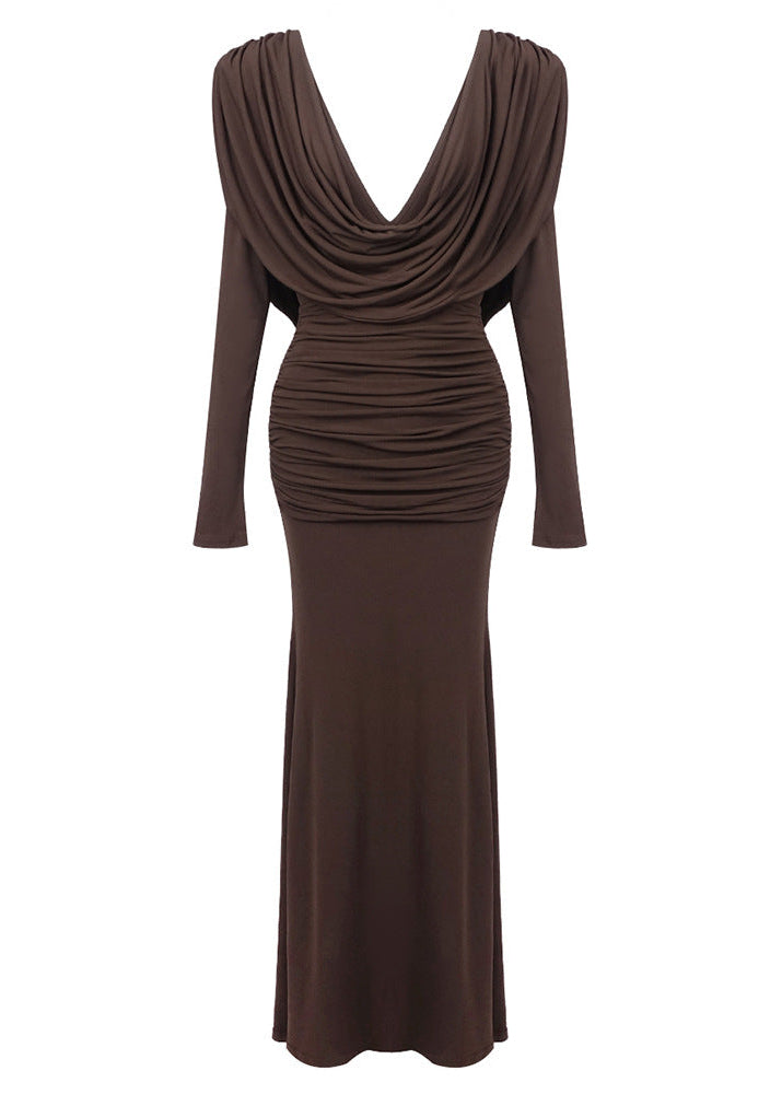 Sagebrush Long Sleeve Draped Backless Maxi Dress In Brown