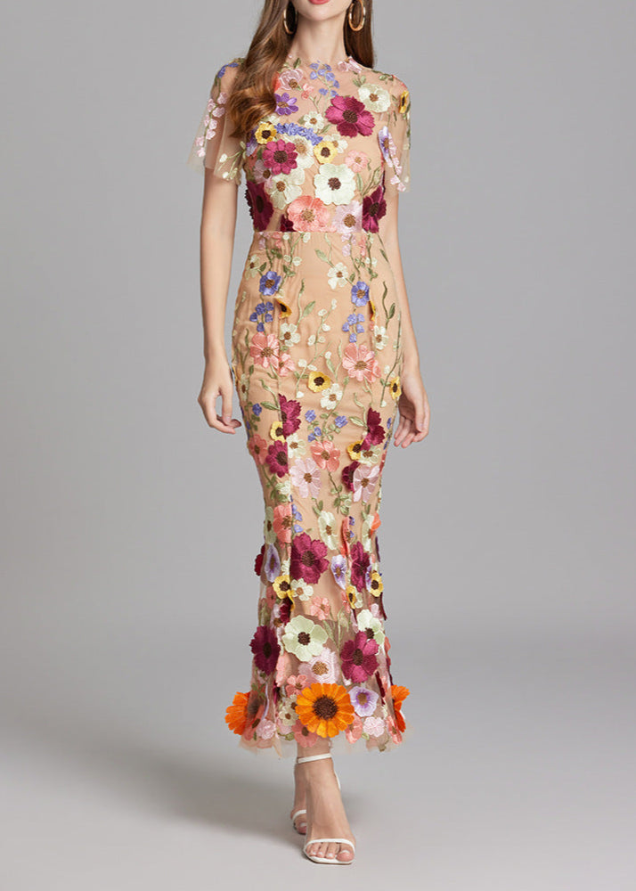 Chesley Floral Embroidery Mesh Fishtail Midi Dress In Brown