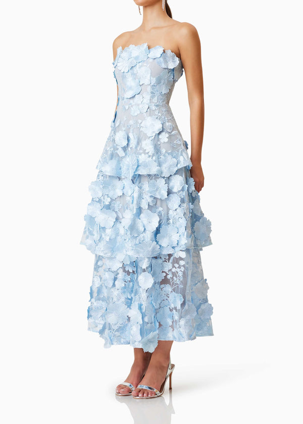 Pashaie 3D Flower Tiered Maxi Dress In Blue