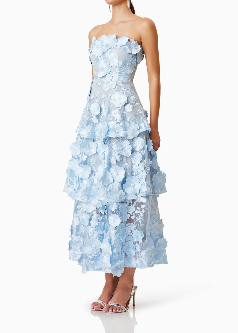 Pashaie 3D Flower Tiered Maxi Dress In Blue