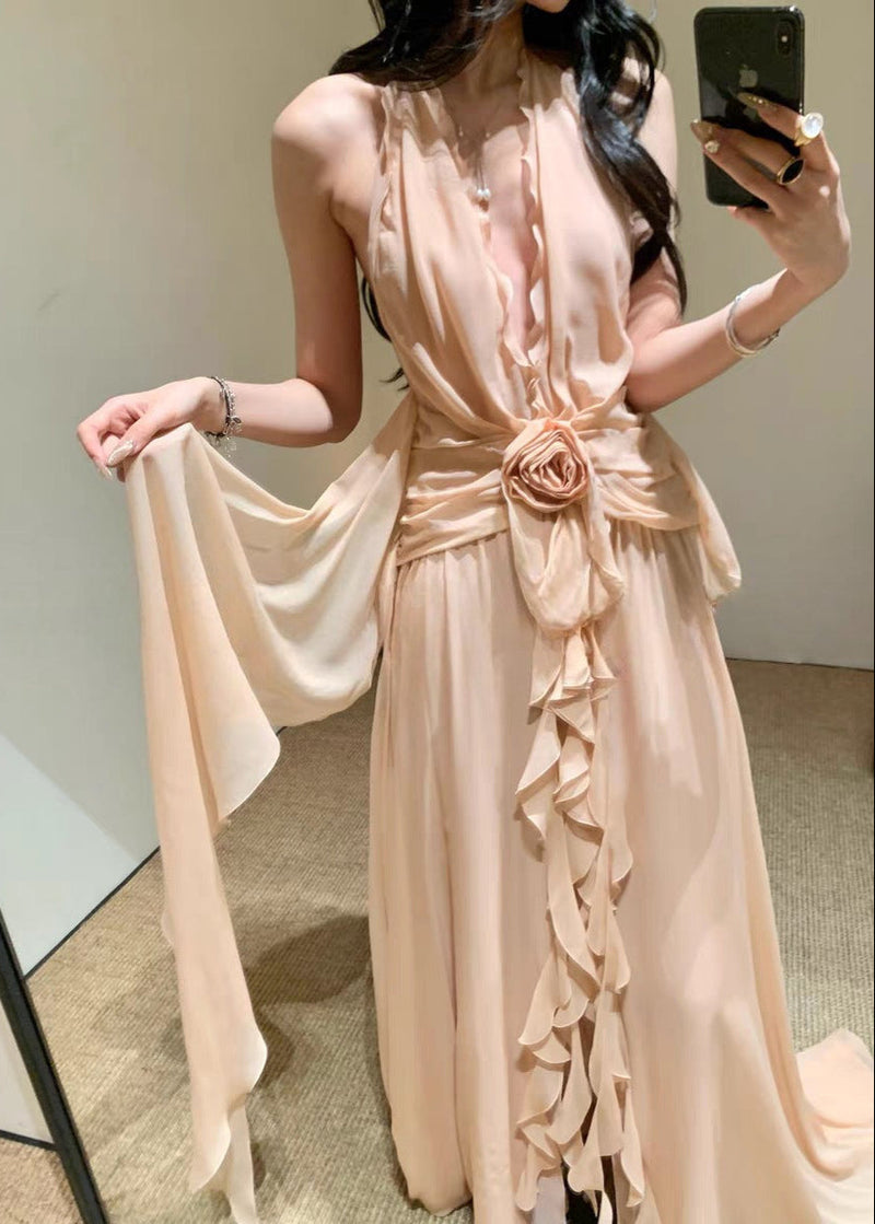 Cyvrix Floral Ruffle Halter Maxi Dress In Pink