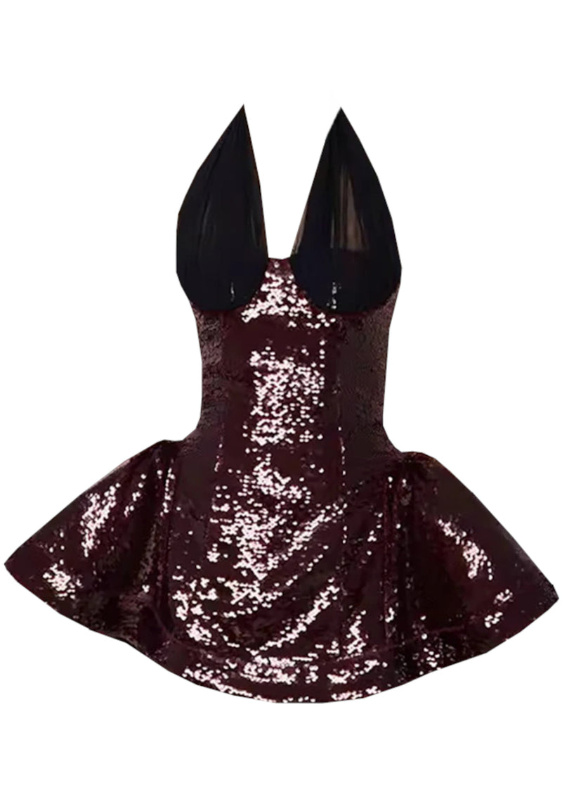 Laldris Halter Sequin Corset A Line Dress In Burgundy