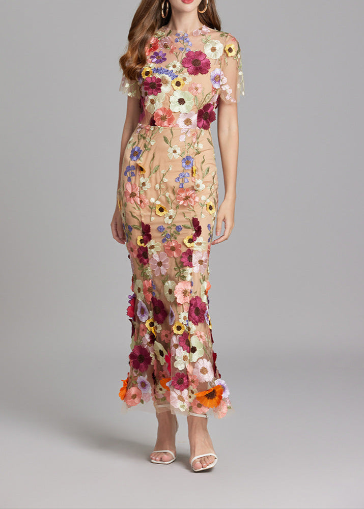 Chesley Floral Embroidery Mesh Fishtail Midi Dress In Brown