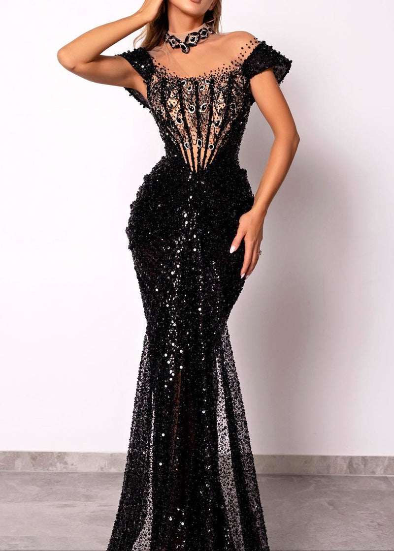 Kaldrex Short Sleeve Sequin Structured Maxi Dress In Black