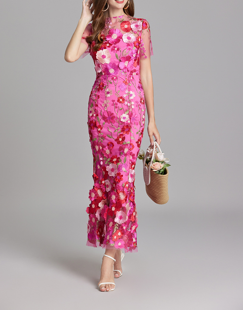 Chesley Floral Embroidery Mesh Fishtail Midi Dress In Pink