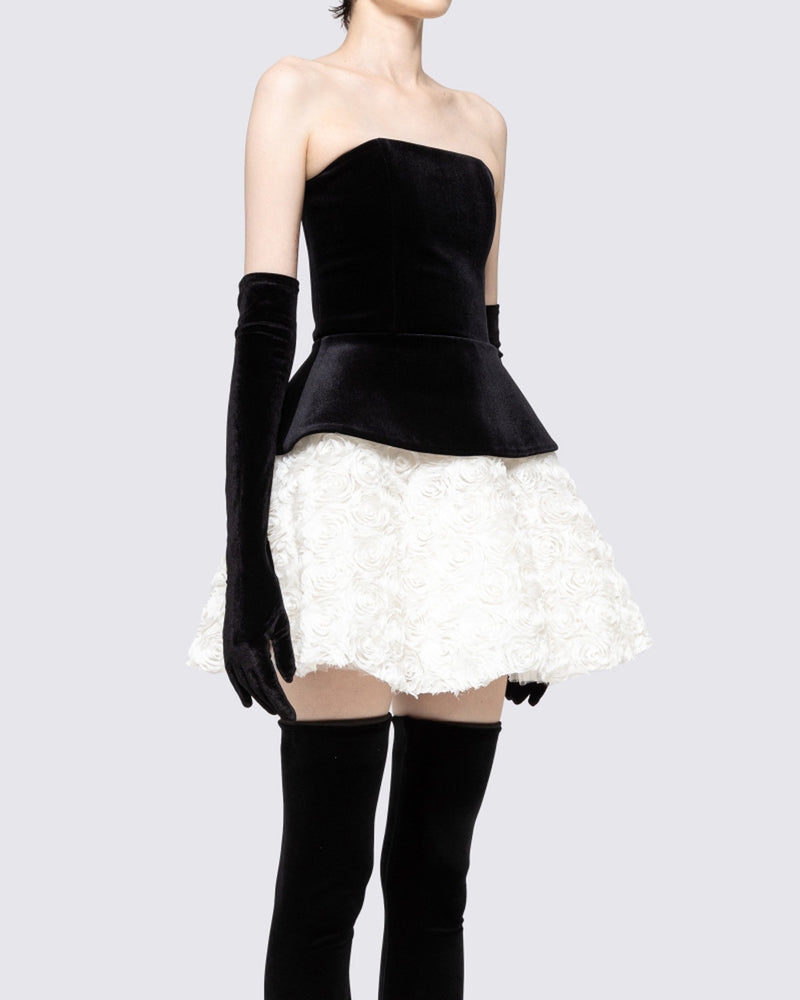 Renaud Strapless Corset Floral A Line Velvet Mini Dress In Black White