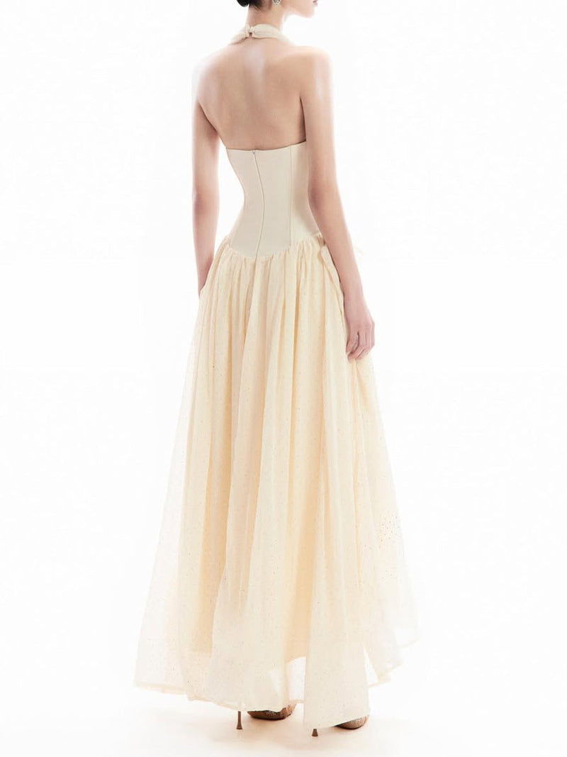 Terrell Halterneck Tulle Overlay Maxi Dress In Apricot