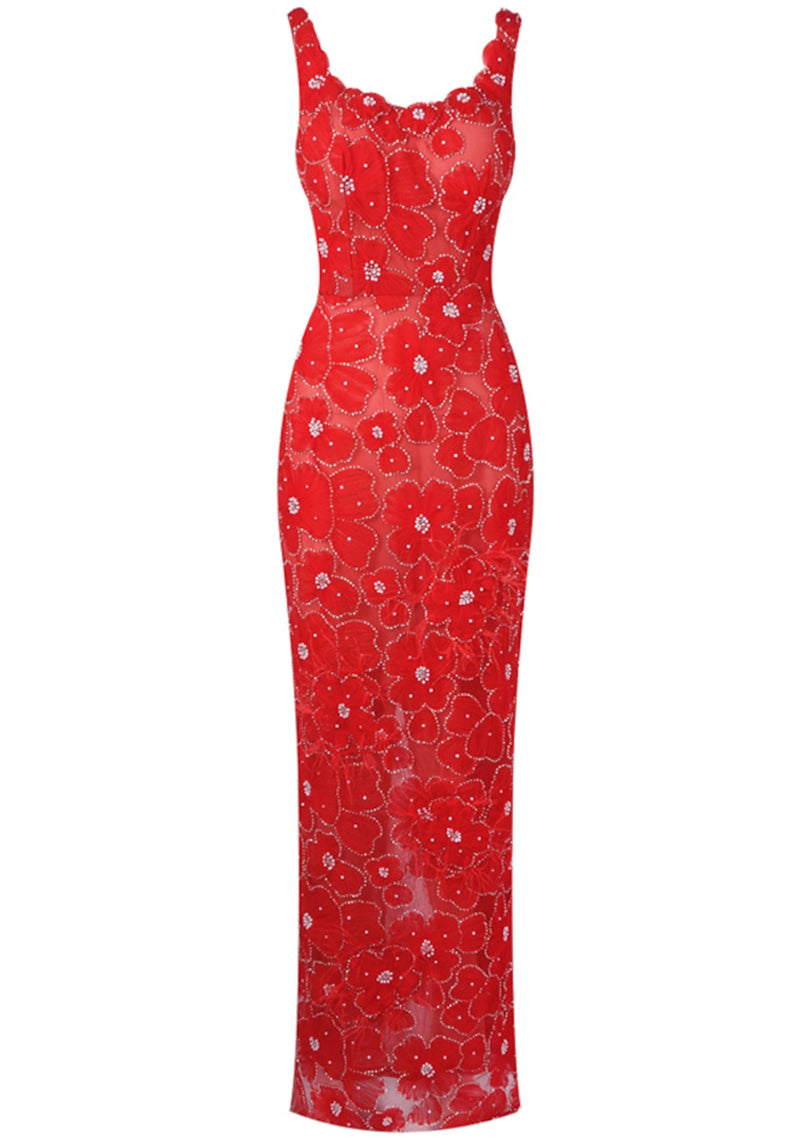 Phyxira Crystal Floral Maxi Dress In Red